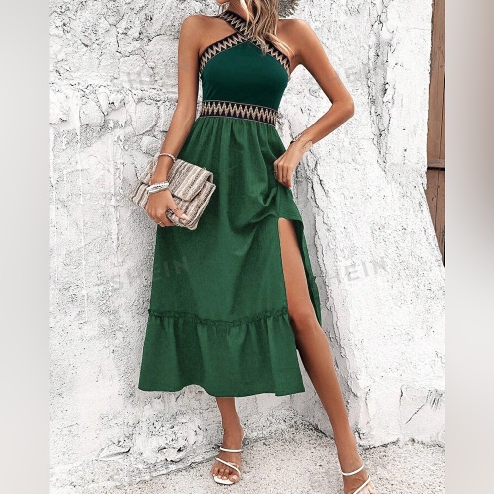 Midi green dress with side slit.  Size small.